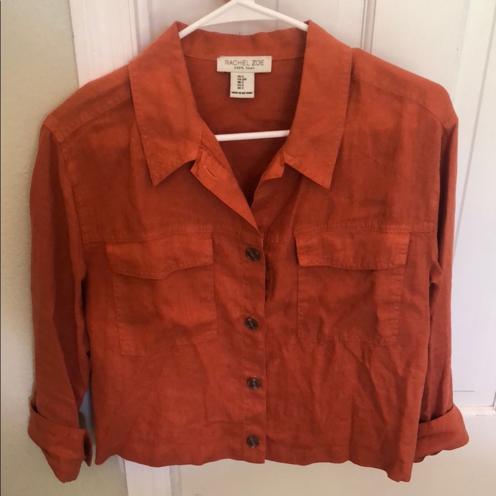 100% Linen Rachel Zoe Terracotta Orange Color Button Blouse Shirt SMALL